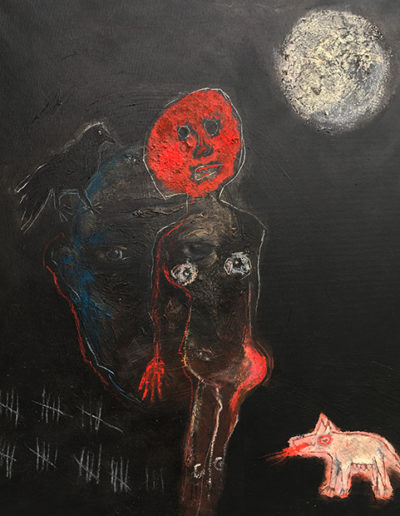 peinture fertilité série Chamanes corbeau loup masque rouge et lune acrylique et pastel sur toile