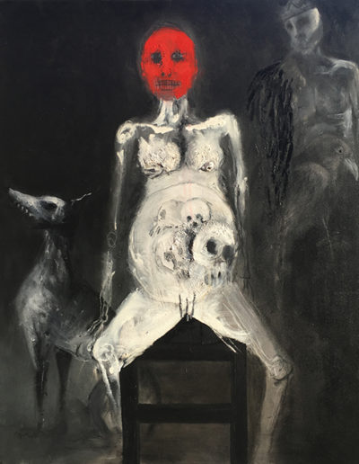 Lady Macduff masque rouge acrylique sur toile exposition Our songs were spells théâtre Étoile du Nord spectacle Ensemble théâtral Estrarre