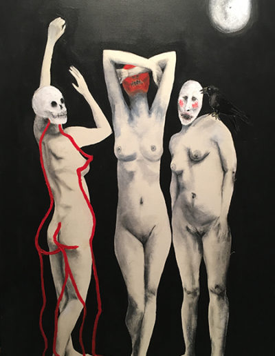 3 sorcières de Macbeth première apparition série our songs were spells fusain huile de lin et acrylique sur toile tableau nocturne tête de mort masques