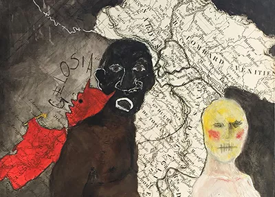 Othello exposition Shakespeare Territories Château du grand Jardin théâtre Étoile du Nord acrylique sur toile imprimée carte d'Italie Venise Iago sur l'épaule et Desdémone masque jaune