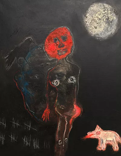 peinture fertilité série Chamanes corbeau loup masque rouge et lune acrylique et pastel sur toile