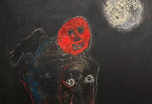 toile fertilité série chamanes lune corbeau esprits masque rouge acrylique caséine et pastel sur toile